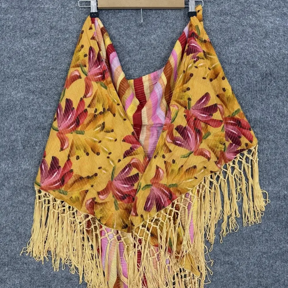 Farm Rio Wrap Shawl Coverup Sarong One Size Yellow Floral Stripe Fringe Boho